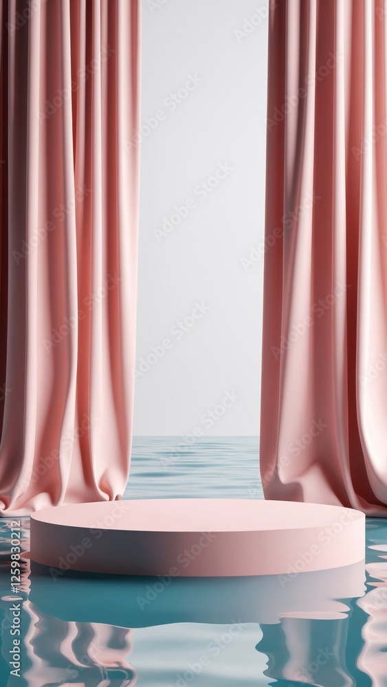 Poster 3d render abstract platform podium on water and waving curtains. Realistic pastel mock-up for products promotion. Abstract modern minimal background with empty podium
