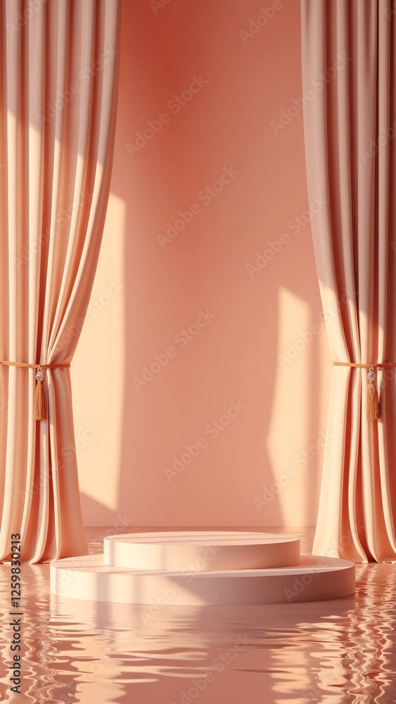 Poster 3d render abstract platform podium on water and waving curtains. Realistic pastel mock-up for products promotion. Abstract modern minimal background with empty podium