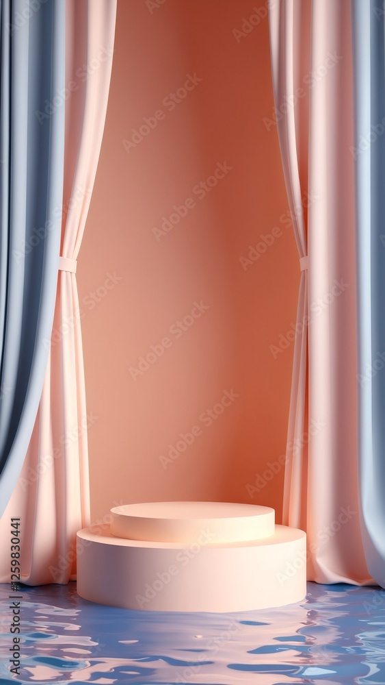 Poster 3d render abstract platform podium on water and waving curtains. Realistic pastel mock-up for products promotion. Abstract modern minimal background with empty podium