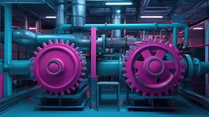Fototapeta premium Giant mechanical gears and pipes with a pastel pink and soft blue glow