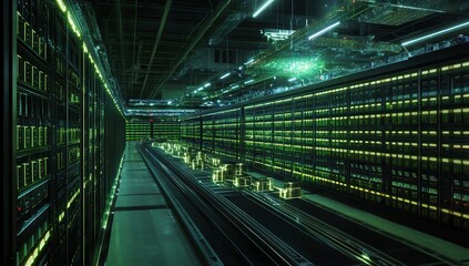 Server farm, green lights, data center, rows of servers