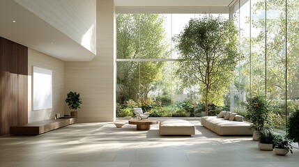 Fototapeta premium Modern living room with large windows, lush greenery outside, and a cozy seating area