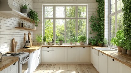 Modern Bright Kitchen Interior with Green Plants and Natural Light