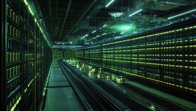 Server farm, green lights, data center, rows of servers - Powered by Adobe