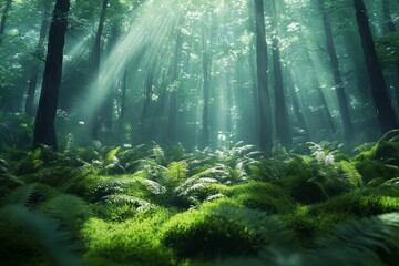 Obraz premium Sunbeams in misty forest, ferns, nature background