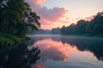 Fototapeta premium A tranquil atmosphere is created by the gentle ripples on the pond's surface in soft evening hues, clouds, foliage