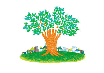 色鉛筆で描いた広場に生える大きな木