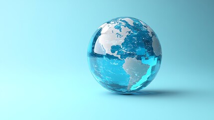Fototapeta premium A sleek, stylized transparent globe highlights global connectivity with a focus on America, set against a calming light blue background. Perfect for themes of technology, communication, and internatio