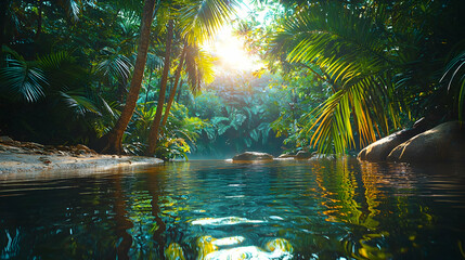 Fototapeta premium Lush tropical jungle stream sunlight