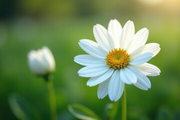 Fototapeta premium Delicate white marguerite flowers sway gently in the breeze, spring, petals, soft