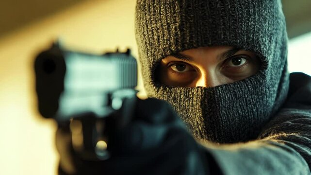 Armed masked man aiming a gun with intense focus