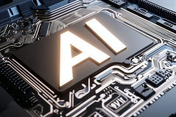 A futuristic AI microchip glowing with neon lights, surrounded by holographic HUD elements displaying real-time data, algorithms, and circuits on a high-tech circuit board.
