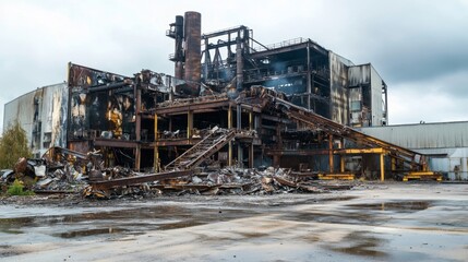 Fototapeta premium Burnt-Out Factory Ruins: A Desolate Industrial Landscape