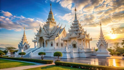 Naklejka premium Panoramic White Temple with Bell Tower - Stunning Asian Architecture Photography