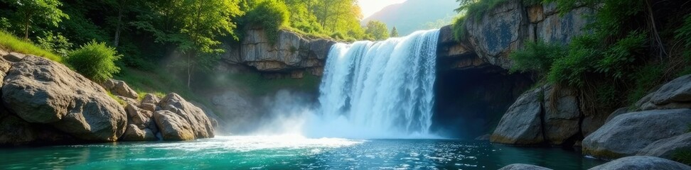Misty waterfalls cascading down crystal clear mountains, water, falls
