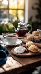 Fototapeta premium Afternoon Tea with Scones and Tea Cups on Wooden Garden Table