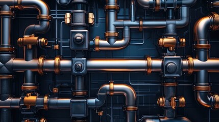 Silver and brass pipes crisscrossing in an intricate industrial design with a cyan backdrop