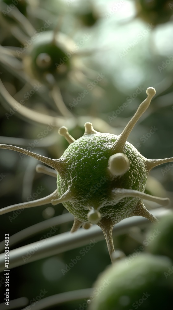 Poster microscopic view reveals the intricate structure of a bacterium showcasing unique features in a capt