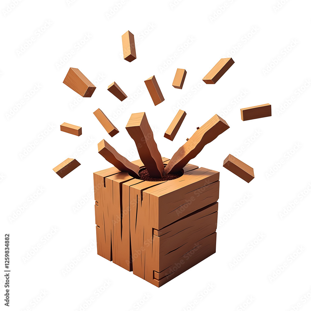 Poster wooden block explosion! splintering timber, dynamic energy, rustic charm. a captivating visual. clip