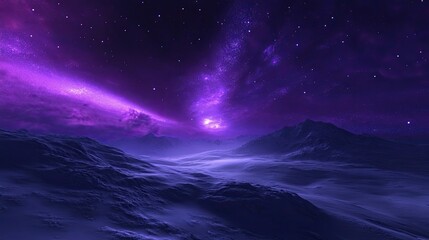 Majestic purple aurora lights over a snow-covered landscape, with copy-space