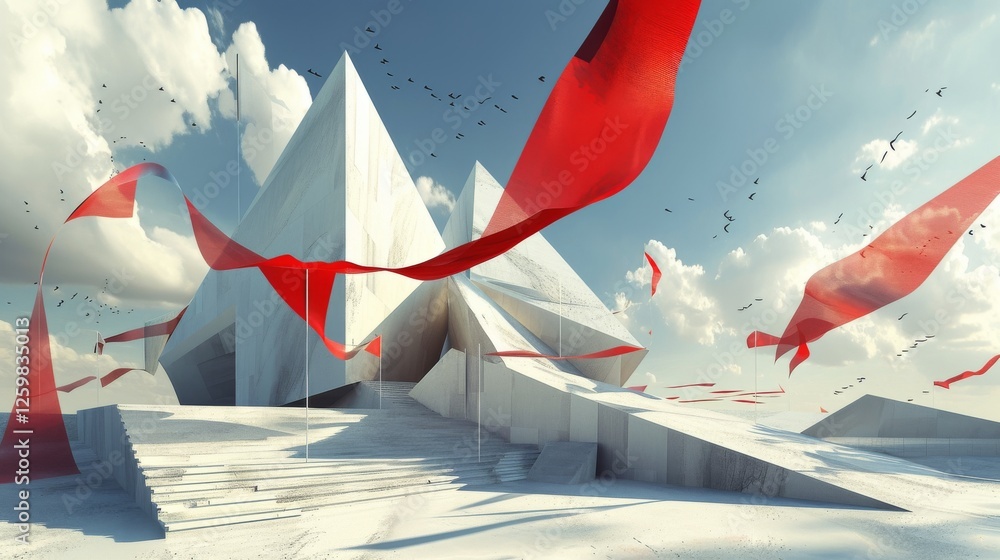 Poster a surreal architectural scene featuring sharp geometric white structures set against a bright sky, w