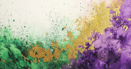 A vibrant display of Mardi Gras colors as green, purple, and gold glitter burst against a watercolor backdrop, radiating a festive and celebratory atmosphere.