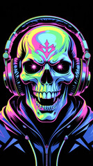 A neon skull in massive headphones creates an atmosphere of the musical underground. Bright acid colors and high-contrast style.