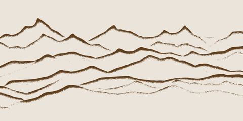 Mountain landscape in sepia tones, minimalism, imitation pencil drawing, vector illustration