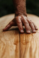 Fototapeta premium Surfer hand pressing on board; nature background. Possible surf shop stock