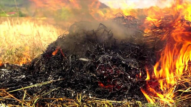 Close-up of a burning haystack in a field with bright flames and thick smoke rising into the air.
