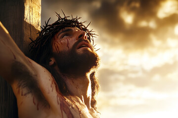  A photorealistic painting depicting the crucifixion of Jesus Christ. AI generative.