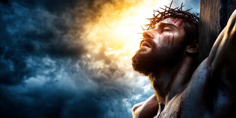  A photorealistic painting depicting the crucifixion of Jesus Christ. AI generative.