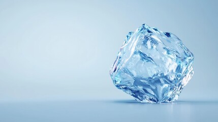 A single ice cube with detailed textures lying on a smooth surface, highlighted against a serene blue background emphasizing clarity and purity.