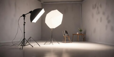 Stylishly arranged piper betle and softbox light in studio space, elegant arrangement, refined aesthetic
