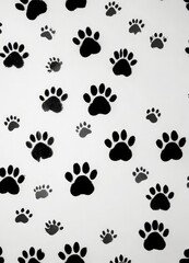 Stylish pattern with black doodle paw prints on a white background, Trendy, Hipster