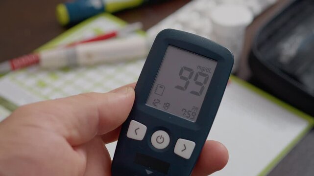 A blood sugar test result is displayed on a glucometer indicating a level of (99 mg/dL). This result is within the normal range, highlighting concerns about prediabetes and the need for monitoring.