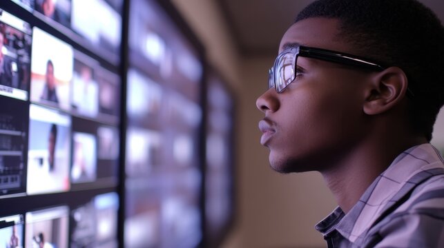 A close-up of a security guard trainee learning to analyze surveillance footage in a mock control room.