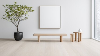 Minimalist room interior design wooden bench, plant, empty canvas