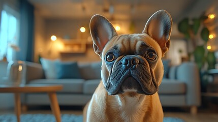 A charismatic image of a French bulldog tilting its head playfully, its wrinkled face full of character, captured in sharp detail with a cozy living room softly blurred in the background. --ar 16:9