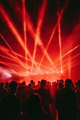 Crowd enjoys the light show at a festival at night. For entertainment use