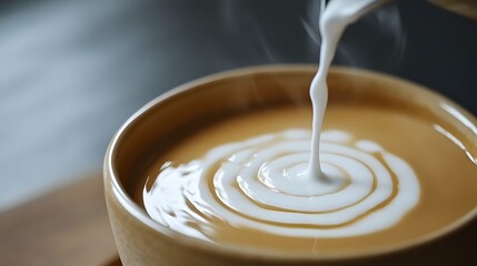 Cream being poured into hot coffee in a brown mug