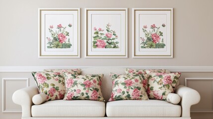 A cozy living room featuring a white sofa adorned with floral pillows, complemented by three botanical prints on the wall.