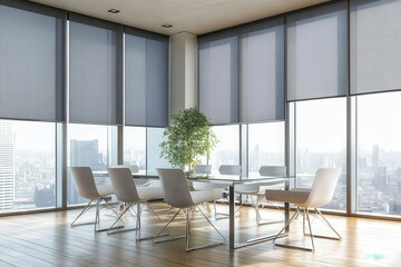 Modern office dining area with city view