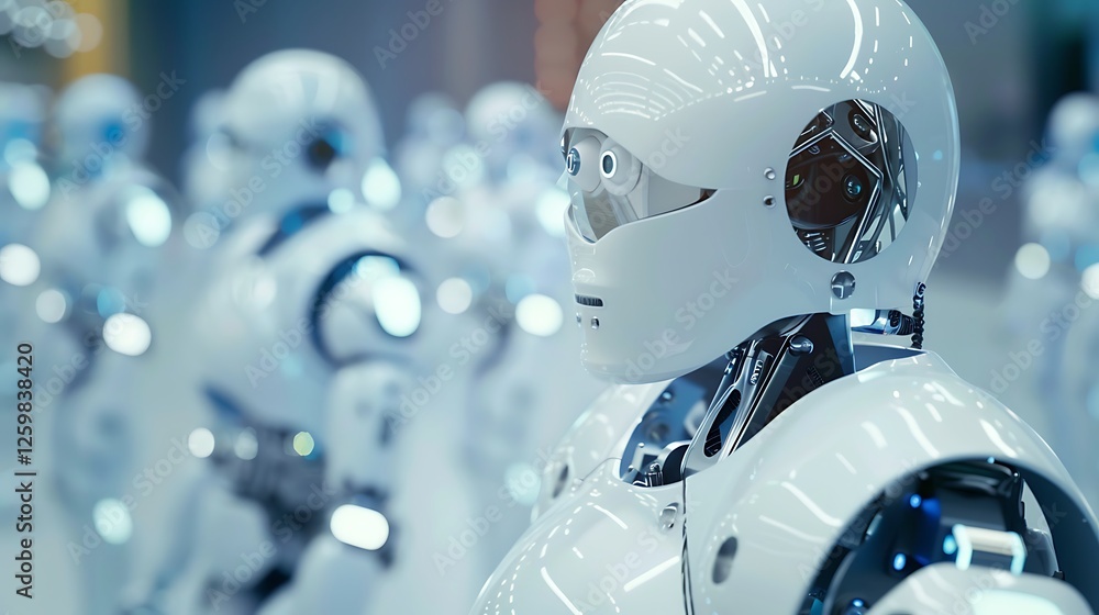 Poster close-up of several gleaming white robots in an advanced factory setting, showing the future of auto