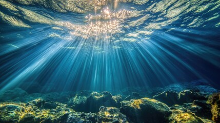 Ocean underwater rays of light with blue water sunlight