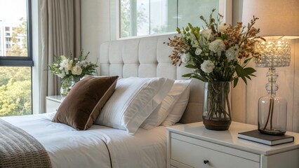 Serene Bedroom Retreat with White Bed and Elegant Floral Accents