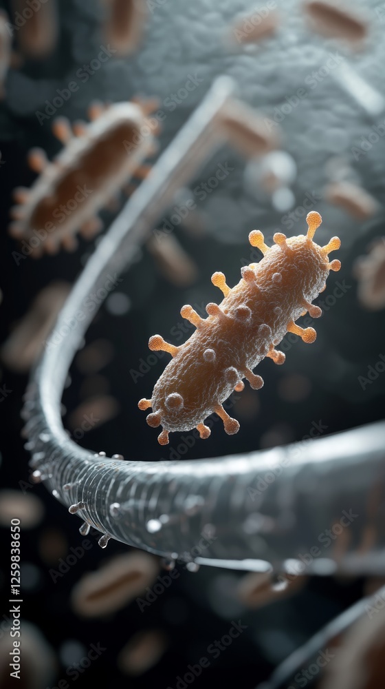 Poster intricate details of bacterium showcasing unique structure and shape in a complex environment filled