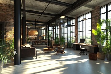 Obraz premium Industrial loft living space, sunny interior, open-plan kitchen/office