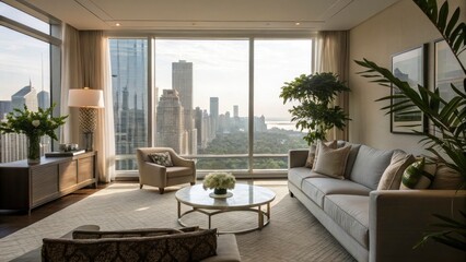 Fototapeta premium Serene City View Living Room Interior Design with Modern Furniture, Natural Light, and Greenery - Stylish Urban Decor with Scenic Skyline and Cozy Atmosphere