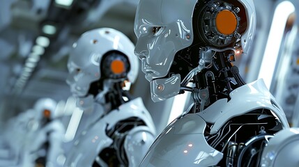 Fototapeta premium Close-up view of several sleek, white robots, showcasing their intricate mechanical details. The image evokes a sense of advanced technology and the future of automation.